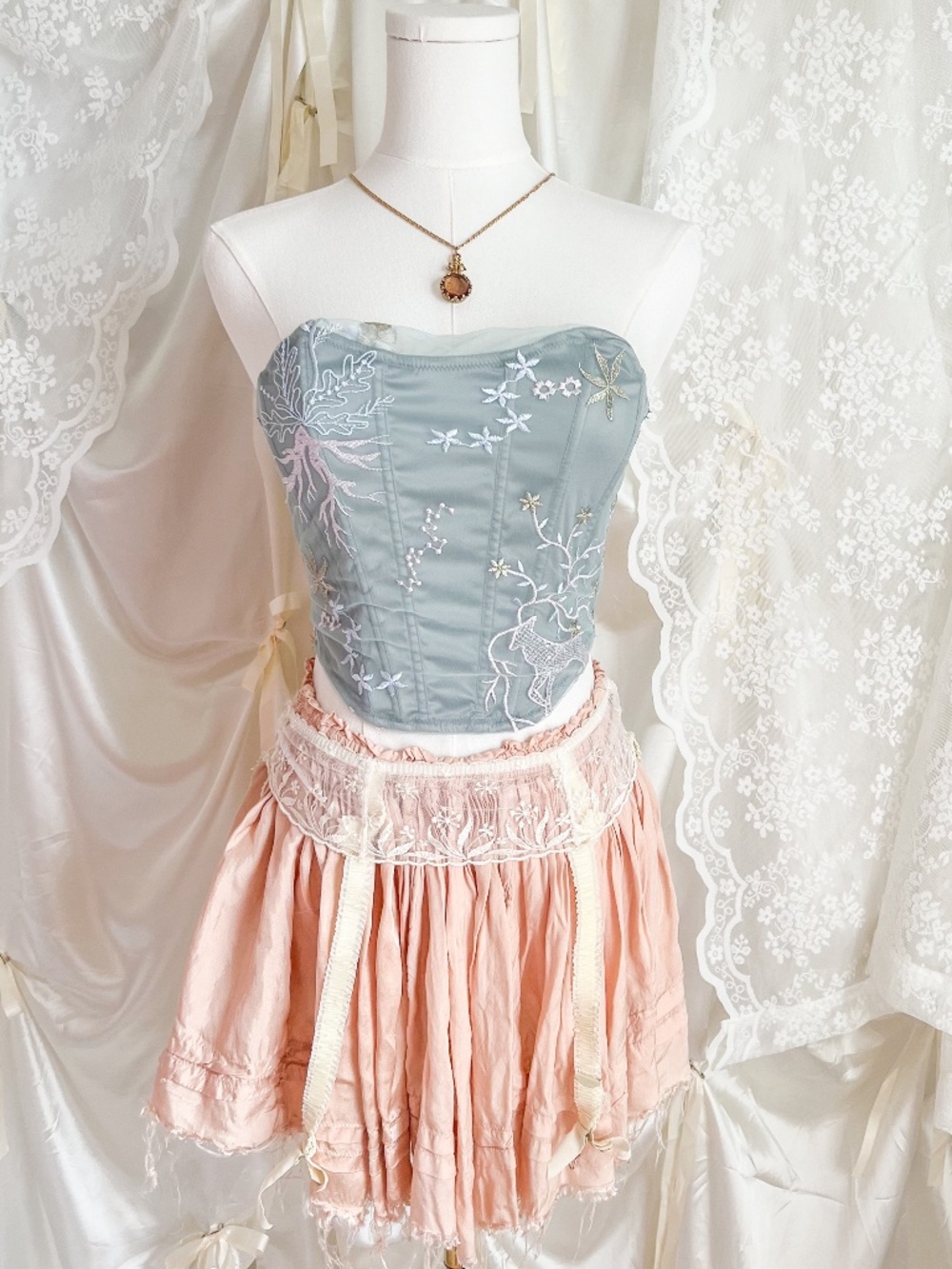 Sage Embroidered Corset Top – Fairycore Lace Bustier with Woodland Motif